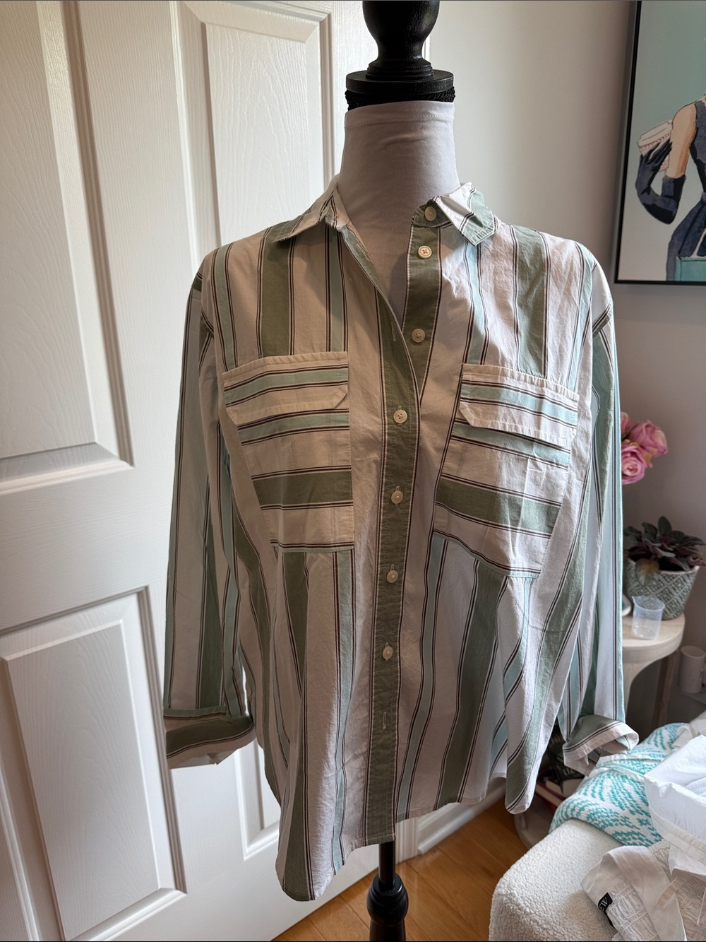 LOFT Green and White Striped Button-Down Shirt